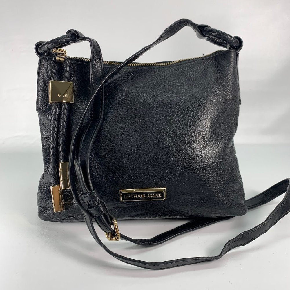 Michael Kors Black Pebbled Leather Small Braided Zipper Crossbody Bag - Picture 2 of 12